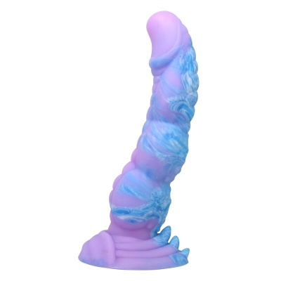 Dildo em silicone roxo e azul com textura e base larga