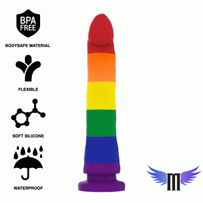 Dildo arco-íris de silicone flexível com texto BPA FREE e ícones de características do produto