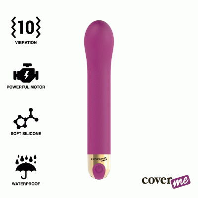 Vibrador roxo de silicone com base dourada e ícone de botão de ligar, funcionalidades indicadas ao lado.
