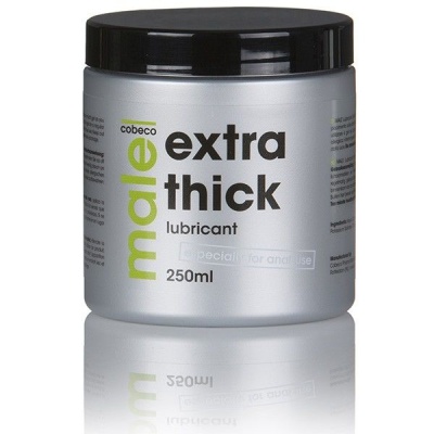 Frasco prateado de lubrificante male extra thick da marca cobeco com tampa preta