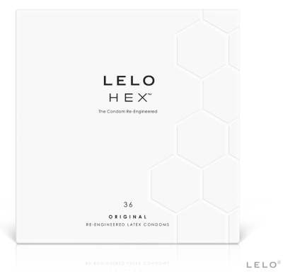 Embalagem branca de preservativos LELO HEX com design hexagonal em relevo.