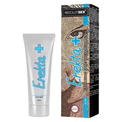Tubo de creme Ereka+ e caixa com rosto e textos em azul e preto