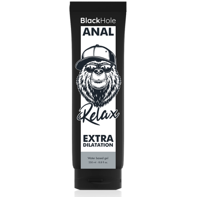 Frasco preto e branco com ilustração de urso e texto BlackHole ANAL Relax Extra Dilatation