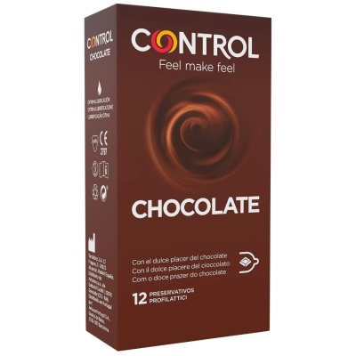 Embalagem de preservativos Control sabor chocolate com design castanho e branco