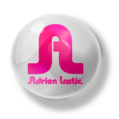 Botão branco com logótipo rosa e texto Adrien Lastic