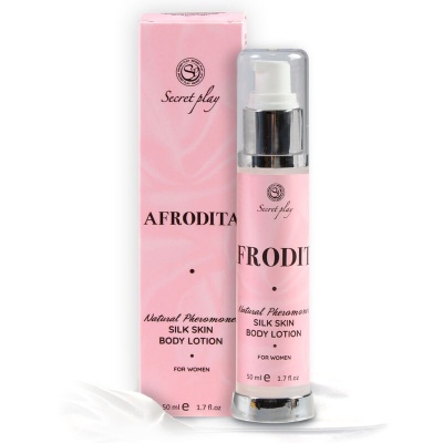 Frasco e embalagem rosa da loção corporal Afrodite da Secret play.