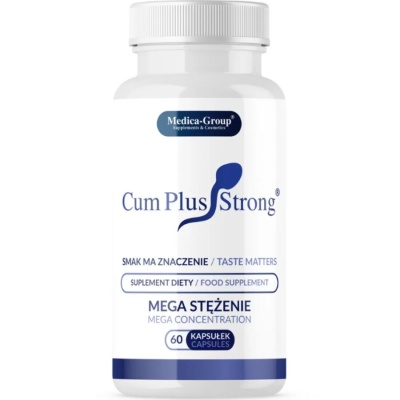 Frasco branco de suplemento alimentar Cum Plus Strong com texto em polaco e inglês