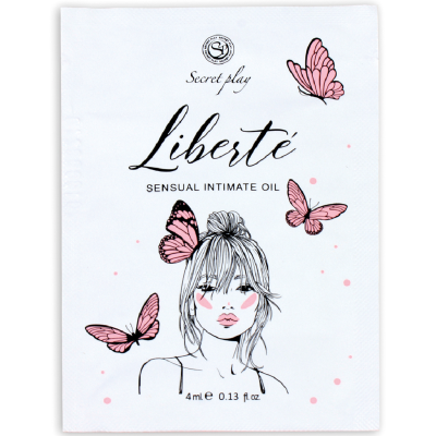 Embalagem branca para óleo íntimo Liberté com ilustração de mulher e borboletas