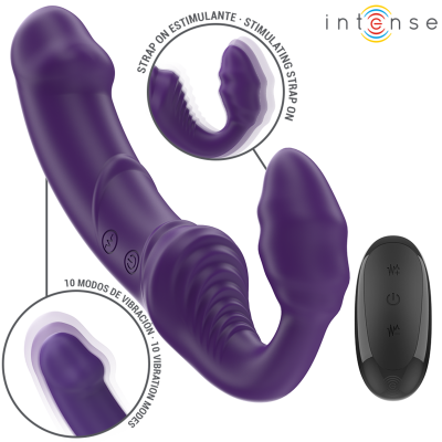 Vibrador roxo anatómico com controle remoto preto em fundo branco