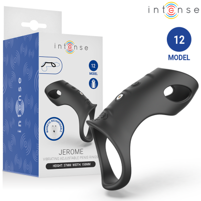 Anel vibratório ajustável para pénis preto com embalagem da marca intense