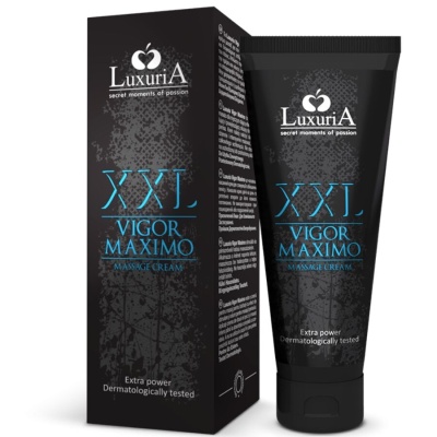 Creme de massagem LuxuriA XXL Vigor Máximo em embalagem preta com texto azul e branco