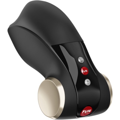 Produto preto com botões vermelhos e dourados com textos FUN e FUN FACTORY