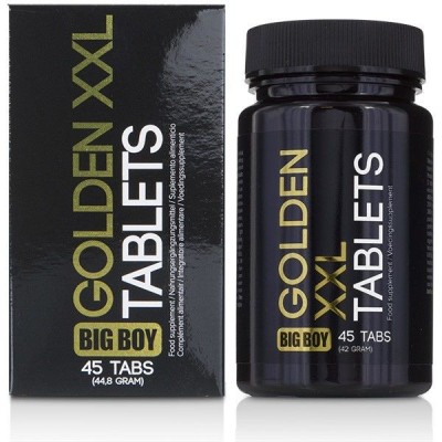 Frasco e caixa preta do suplemento GOLDEN XXL BIG BOY TABLETS com 45 comprimidos