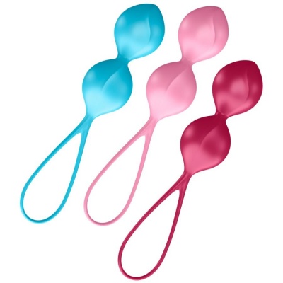 Três bolas de geisha em silicone azul, rosa e vermelho com alça