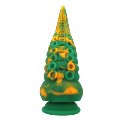 Produto cónico com texturas de anéis e bolas verde e amarelo com base de ventosa