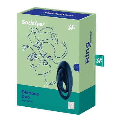 Embalagem do vibrador Satisfyer Ring Vibrator Glorious Duo com design em verde e azul e desenho de perfis humanos.
