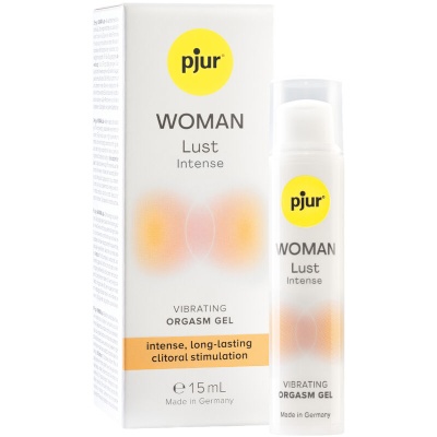 Gel vibratório pjur WOMAN Lust Intense 15 mL em embalagem branca com amarelo e laranja