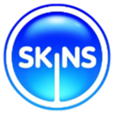 Logótipo circular azul SKINS com borda branca e texto branco