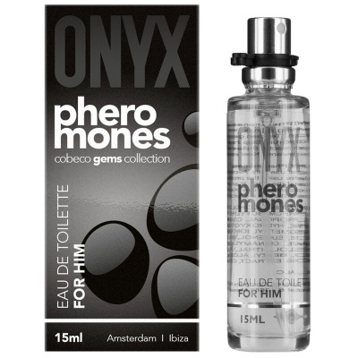 Frasco transparente de Eau de Toilette ONYX Pheromones para homem com embalagem preta