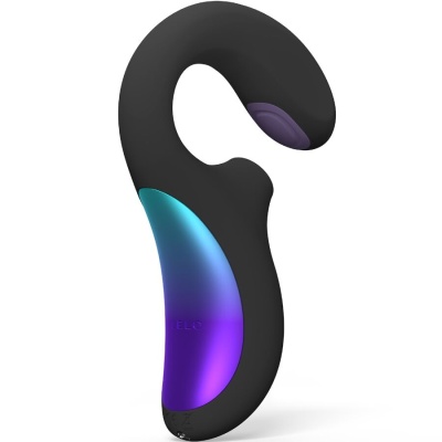 Vibrador ergonómico preto com detalhe metálico azul e roxo e gravura LELO