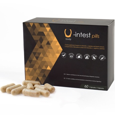 Suplemento alimentar em cápsulas U-intest pills em caixa preta com detalhes dourados.