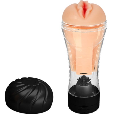 Masturbador masculino em silicone e capa plástica transparente com tampa preta.