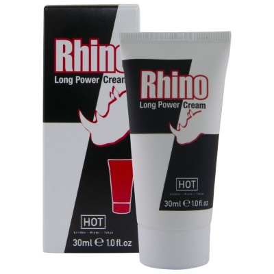 Creme Rhino Long Power Cream em tubo branco preto e vermelho