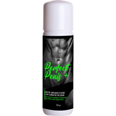 Frasco branco com rótulo preto e texto Perfect Penis + cuidado para pénis