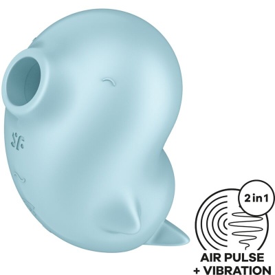Brinquedo de silicone azul em forma de pato com orifício frontal e texto 2 in 1 AIR PULSE + VIBRATION