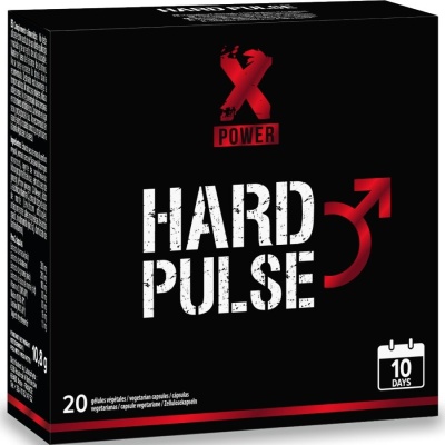 Embalagem preta de cápsulas HARD PULSE com texto branco e vermelho e símbolo masculino