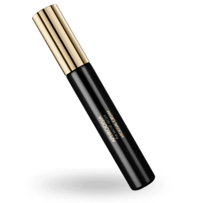 Frasco preto com tampa dourada e texto dourado