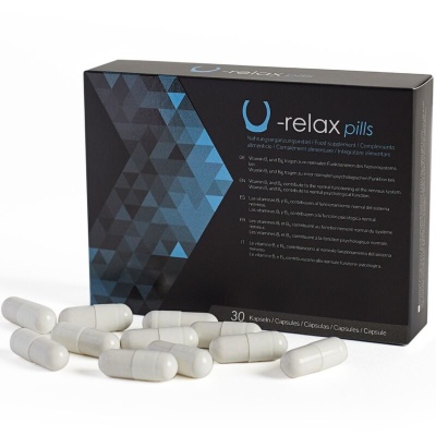 Caixa preta com cápsulas brancas de suplemento U-relax pills