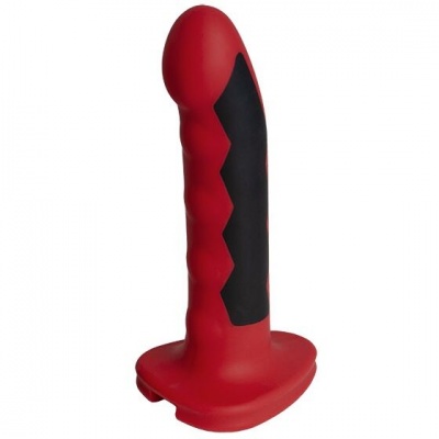 Dildo vermelho e preto com base larga sobre fundo branco