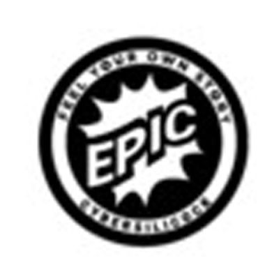 Logótipo circular preto e branco com a palavra EPIC em forma de explosão e texto em redor.