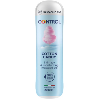 Frasco azul claro de gel de massagem íntima Control Cotton Candy com tampa branca e algodão doce rosa