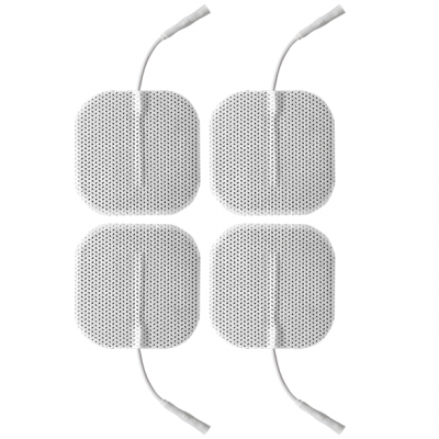 quatro eletrodos adesivos brancos com cabos para estimulação elétrica