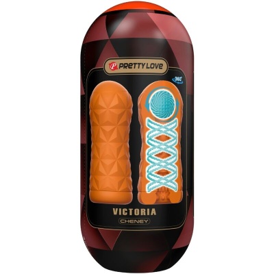 Produto Pretty Love Victoria em embalagem preta e vermelha com acessório sexual laranja