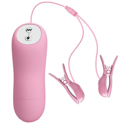 Dispositivo rosado com cabo e dois clips rosados com botão branco e ícones