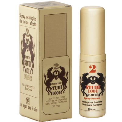 Spray ecológico STUDI 1001 FORTE para homens em embalagem bege com cavalos pretos