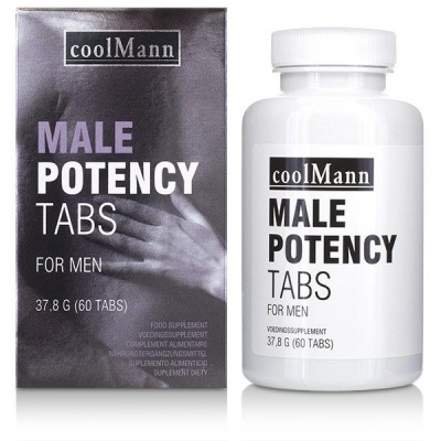 Suplemento alimentar coolMann MALE POTENCY TABS com frasco branco e caixa preta
