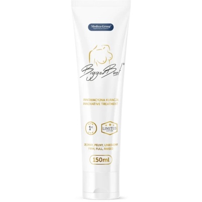 Frasco branco de 150ml com texto Bigger Bust e edição limitada