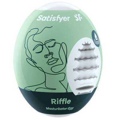 Embalagem verde menta e preta do masturbador Satisfyer Sf Riffle Masturbator Egg com desenho de rosto e textura interna visível