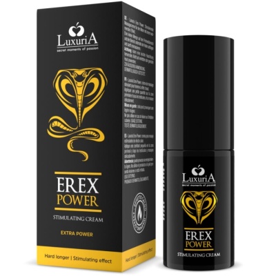 Embalagem preta e frasco preto de creme estimulante Luxuria Erex Power com detalhes dourados