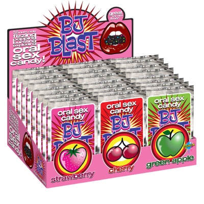 Expositor rosa de doces BJ Blast com sabores morango, cereja e maçã verde