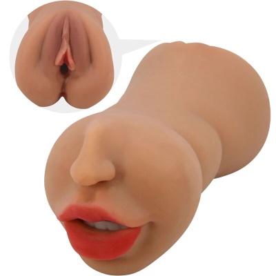 Objecto em silicone tipo rosto com lábios e genitais femininos, fundo branco.