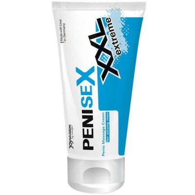 Tubo de creme de massagem branco e azul PENISEX XXL com texto e tampa branca