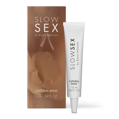 Bálsamo clitoriano Slow Sex by Bijoux Indiscrets com embalagem castanha e tubo branco
