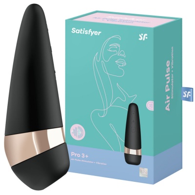 Dispositivo Satisfyer Air Pulse Pro 3+ preto e dourado junto à embalagem azul e verde