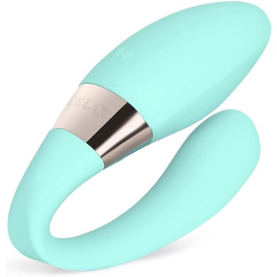 Vibrador azul claro em silicone com detalhe metálico e texto LELO
