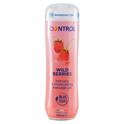 Frasco rosa de gel de massagem Control Wild Berries com tampa branca e texto informativo